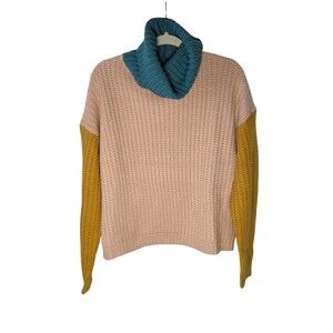 Colorblock Chunky Knit Turtleneck Sweater Sz M Cozy Cottagecore Pink Teal